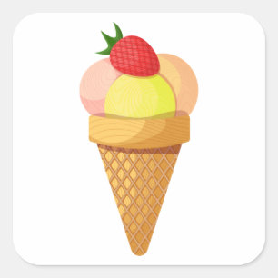 Ice cream scoops and strawberry in waffle cone square sticker