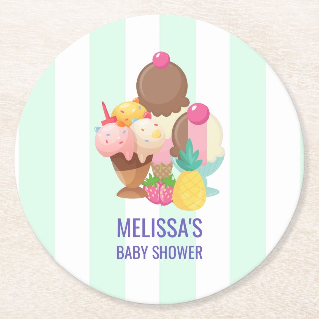 Ice Cream Scoops with Sprinkles Baby Shower Round Paper Coaster (Front)