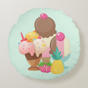 Ice Cream Scoops with Sprinkles Round Cushion