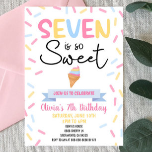 Ice Cream Seven Is So Sweet 7th Birthday Party Invitation