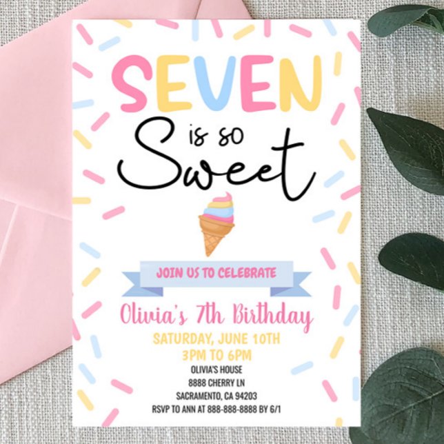 Ice Cream Seven Is So Sweet 7th Birthday Party Invitation (Creator Uploaded)
