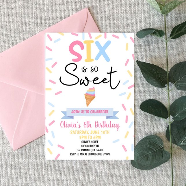 Ice Cream Six Is So Sweet 6th Sixth Birthday Party Invitation (Creator Uploaded)