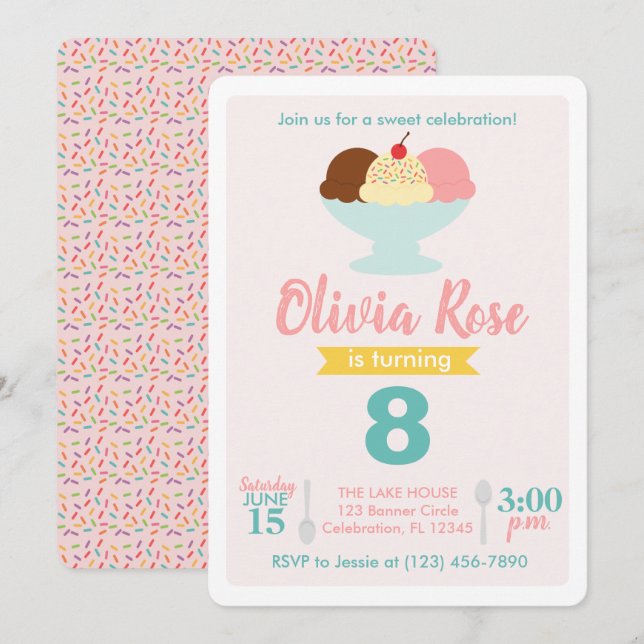 Ice Cream Social Pink & Teal Birthday Invitation (Front/Back)