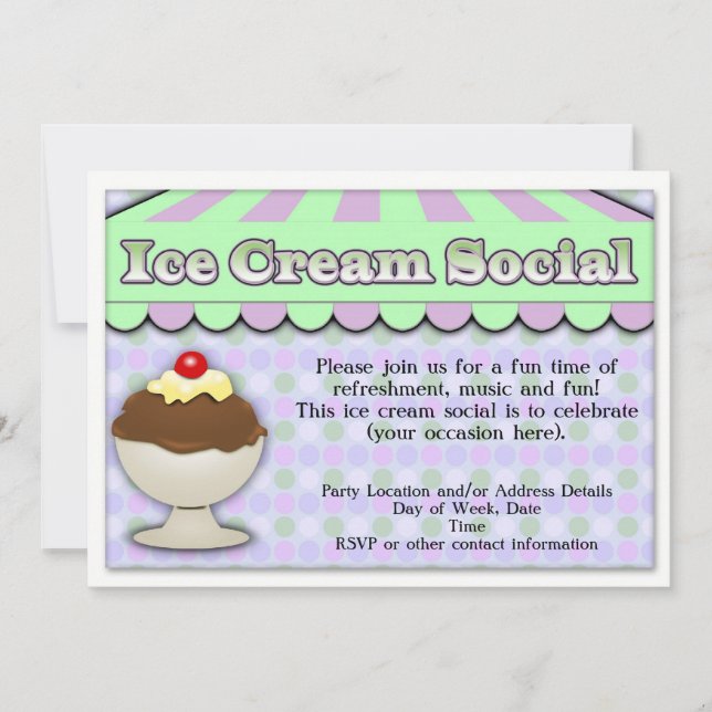 Ice Cream Social, Purple/Green Stripe Sundae Invitation (Front)