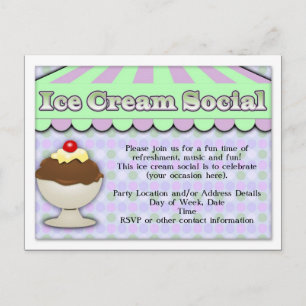 Ice Cream Social, Purple/Green Stripe Sundae Invitation Postcard