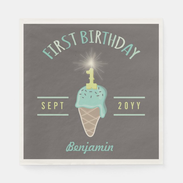 Ice Cream Sparkler 1st Birthday Party Paper Napkin (Front)