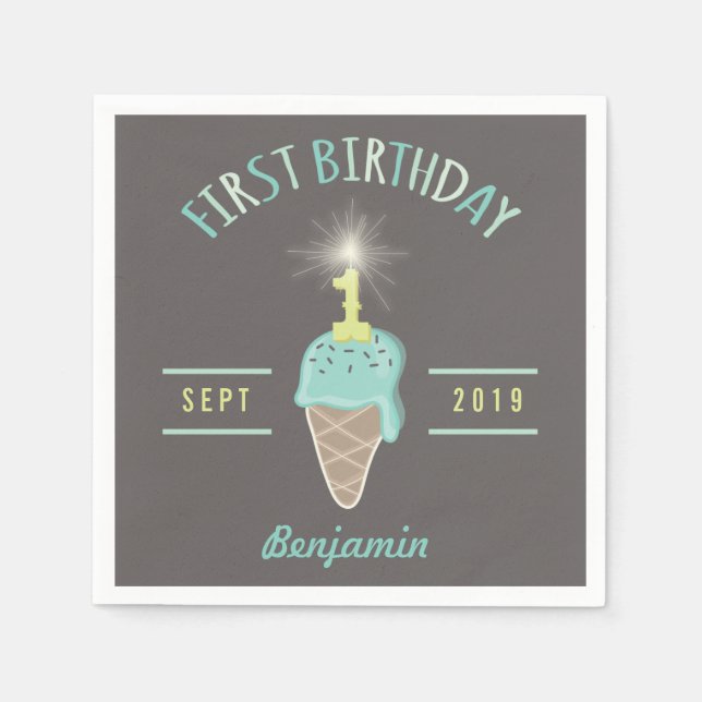 Ice Cream Sparkler 1st Birthday Party Paper Napkin (Front)