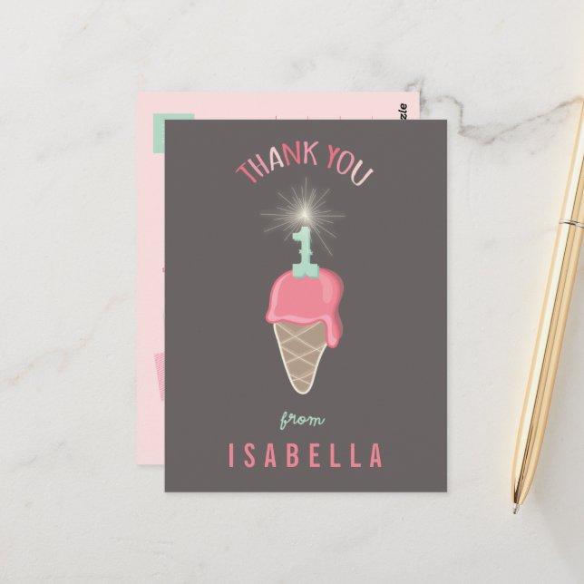 Ice Cream Sparkler Girl's 1st Birthday Thank You Postcard (Front/Back In Situ)