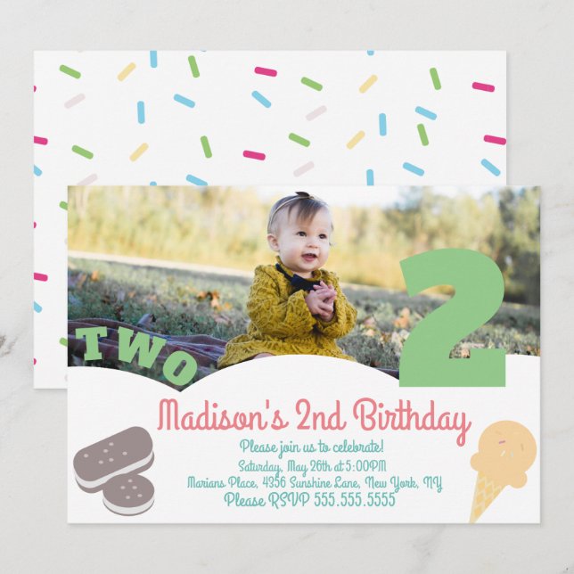 Ice Cream Sprinkles Pastel Girls Birthday Party Invitation (Front/Back)