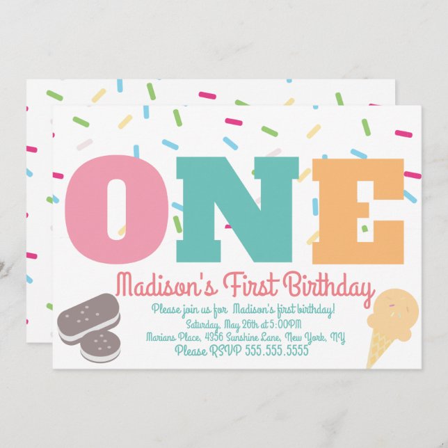 Ice Cream Sprinkles Pastel Girls Birthday Party Invitation (Front/Back)