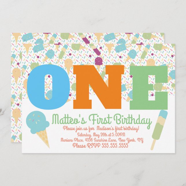 Ice Cream Sprinkles Pastel Girls Birthday Party Invitation (Front/Back)