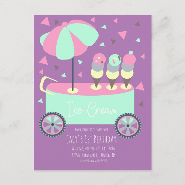 Ice Cream Stand Confetti Birthday Party Purple Postcard (Front)