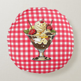 Ice Cream Sundae and Shake Red Chequered Round Cushion