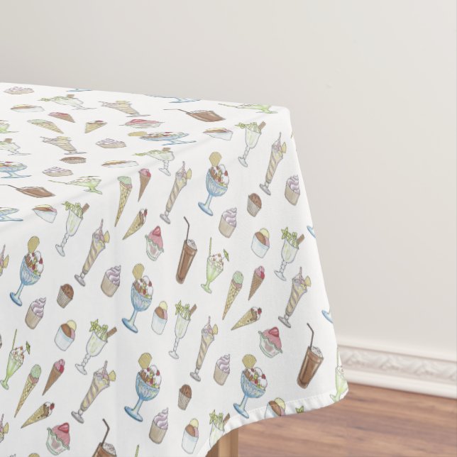 Ice Cream Sundae Desserts Pattern White Tablecloth (In Situ)