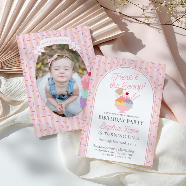 Ice Cream Sundae Heres the Scoop Birthday Party Invitation (Creator Uploaded)