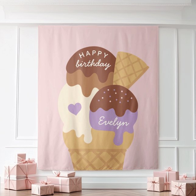 Ice Cream Sundae Personalised Kids Birthday Party Tapestry (Creator Uploaded)