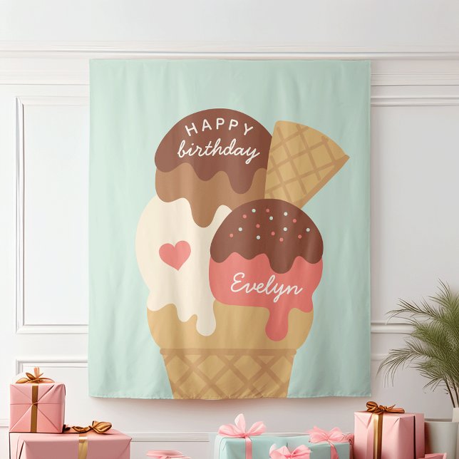 Ice Cream Sundae Personalised Kids Birthday Party Tapestry (Creator Uploaded)