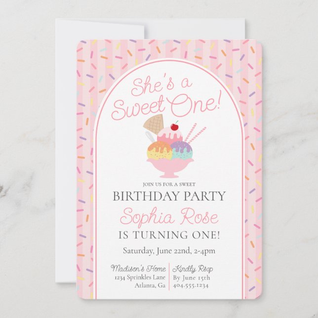 Ice Cream Sundae Sweet One First Birthday Party Invitation (Front)