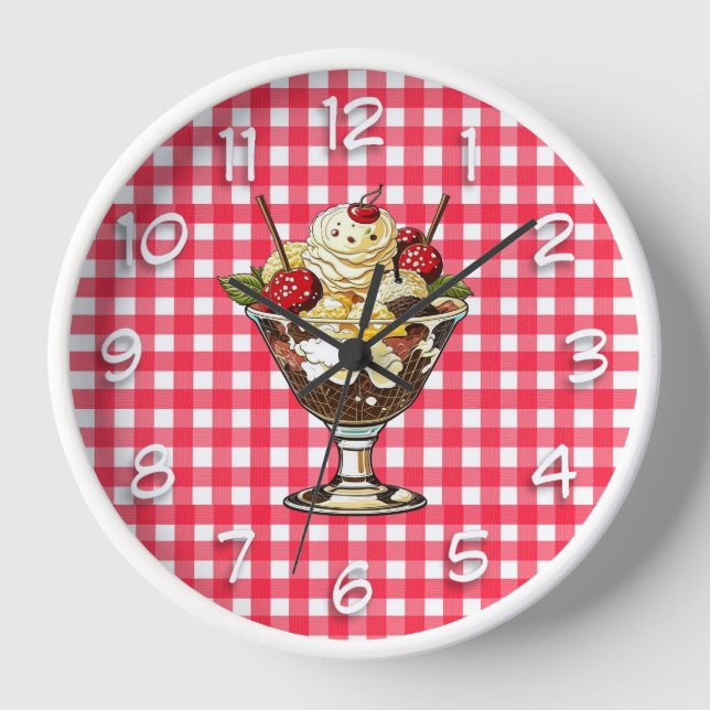 Ice Cream Sundae with Cherries Red Chequered Clock (Front)
