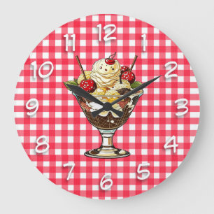 Ice Cream Sundae with Cherries Red Chequered Large Clock
