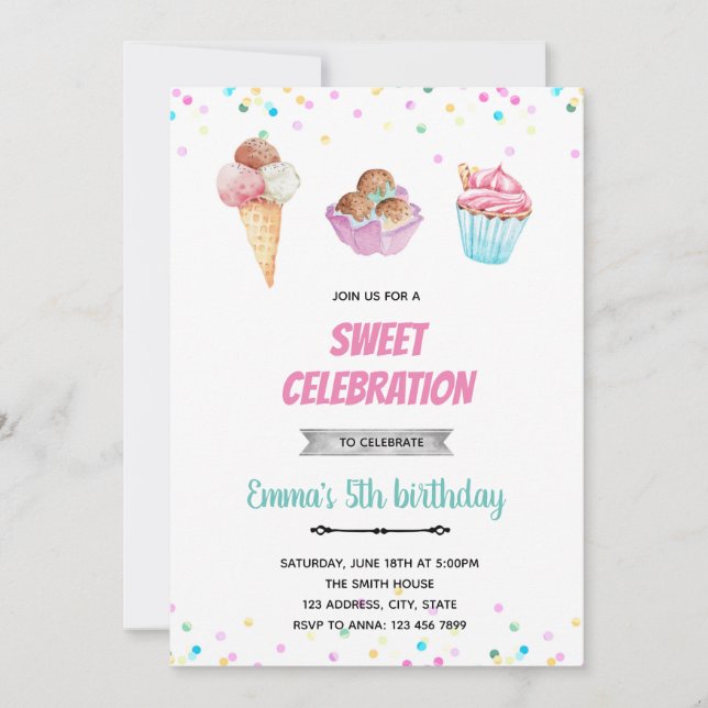 Ice cream sundea cupcake invitation (Front)