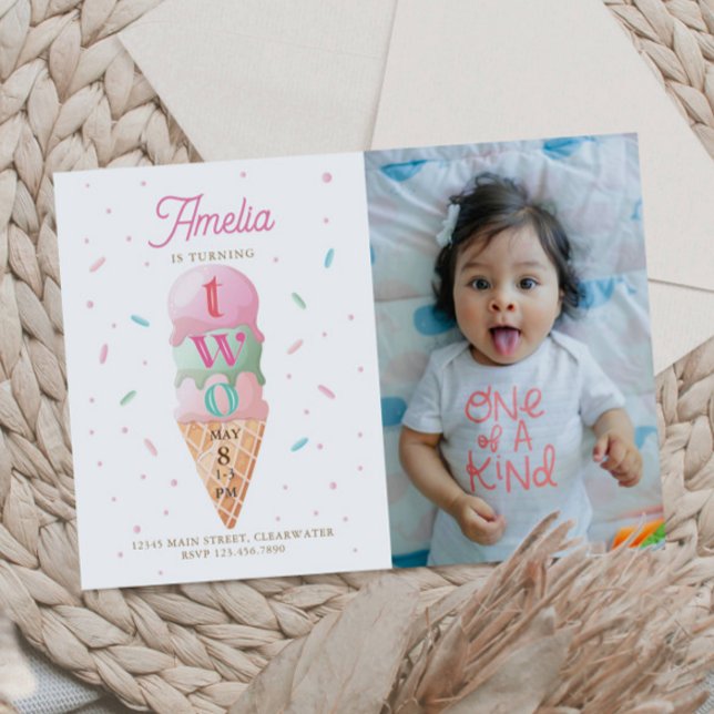 Ice Cream Sweet 2nd Birthday Party Photo Invitation (Creator Uploaded)