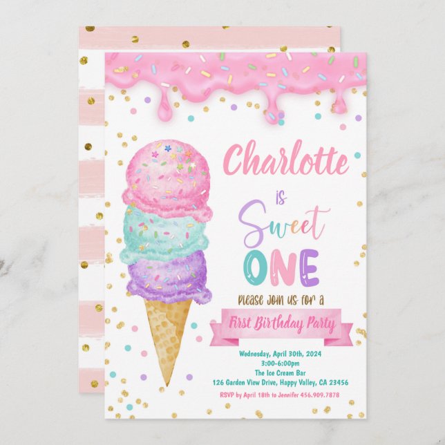 Ice Cream Sweet One 1st Birthday Party Pink Mint Invitation (Front/Back)