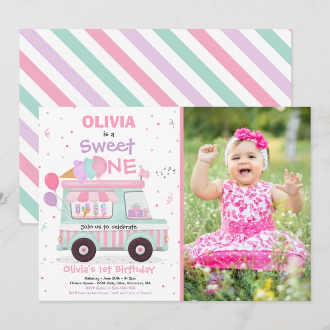Ice Cream Sweet One Birthday Ice Cream Truck Invit Invitation (Front/Back)