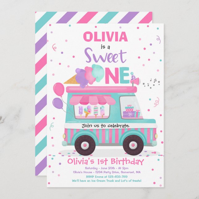 Ice Cream Sweet One Birthday Ice Cream Truck Invitation (Front/Back)