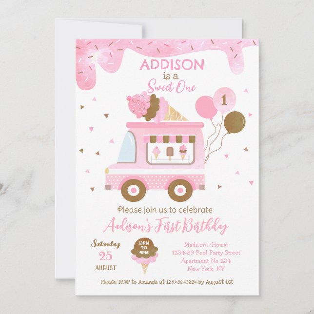 Ice Cream Sweet One First 1st Birthday Invitations (Front)
