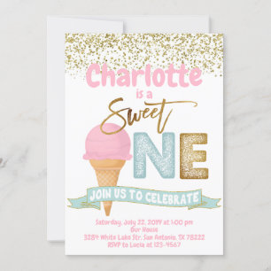 Ice Cream Sweet One Gold Sprinkles 1st Birthday Invitation