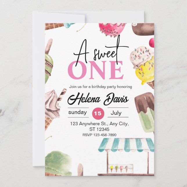 Ice Cream Theme 1st Birthday Invitation (Front)