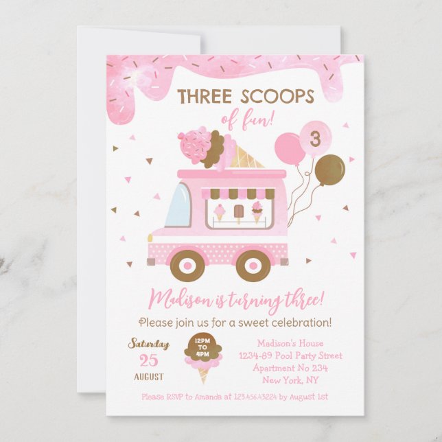 Ice Cream Three 3rd Third Birthday Invitations (Front)