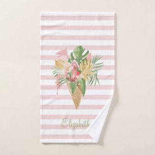 Ice cream,Tropical Leaves Fruit,Pink Stripes Bath Towel Set