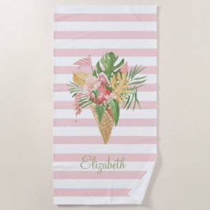  Ice cream,Tropical Leaves Fruit,Pink Stripes    Beach Towel