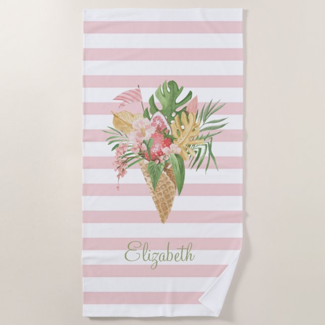  Ice cream,Tropical Leaves Fruit,Pink Stripes    Beach Towel (Front)