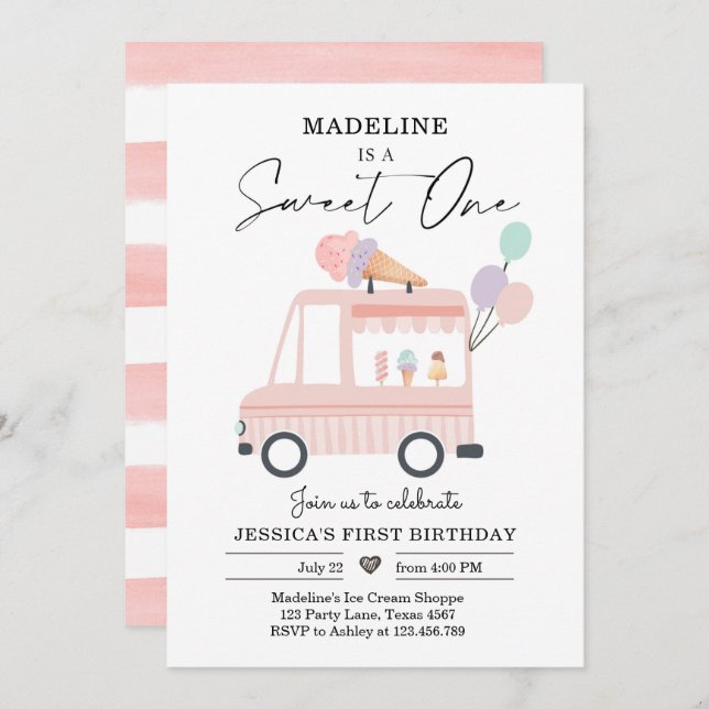 Ice Cream Truck 1st Birthday Invite Pink Sweet One (Front/Back)
