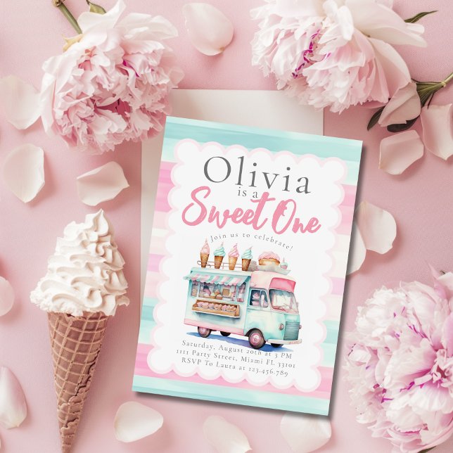 Ice Cream Truck 1st Birthday Pink Sweet One Invitation (Creator Uploaded)