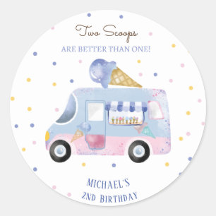 Ice cream truck 2 scoops second birthday classic round sticker