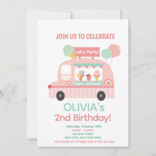 Ice Cream Truck 2nd Birthday Party Girl Invitation