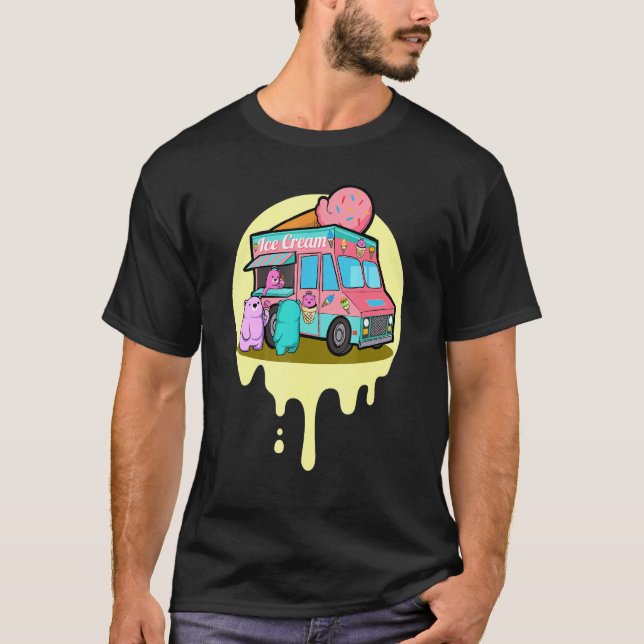 Ice Cream Truck Bears Rainbow Colour Dessert Sweet T-Shirt (Front)
