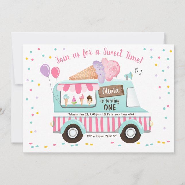 Ice Cream Truck Birthday Invitation Girl Pink (Front)