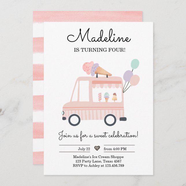 Ice Cream Truck birthday Invite Ice Pink Scoop  (Front/Back)