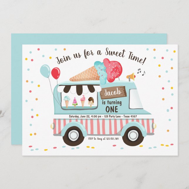 Ice Cream Truck First Birthday Invitation Boy Girl (Front/Back)