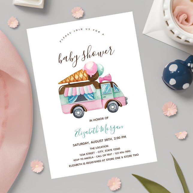 Ice Cream Truck Pink Striped Baby Shower Invitation (Creator Uploaded)