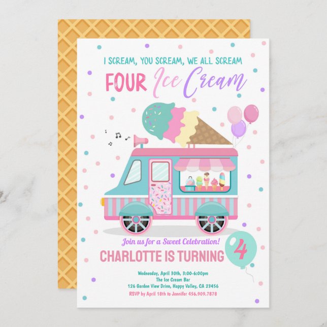 Ice Cream Truck Scream Four Ice Cream 4th Birthday Invitation (Front/Back)