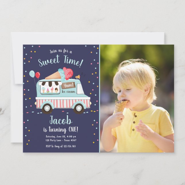 Ice Cream Truck Sweet Time Boy Red Blue Birthday Invitation (Front)