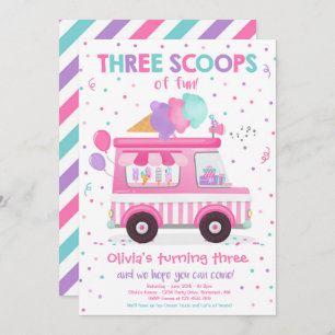 Ice Cream Truck Three Scoops Of Fun 3rd Birthday Invitation