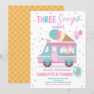 Ice Cream Truck Three Scoops of Fun 3rd Birthday Invitation