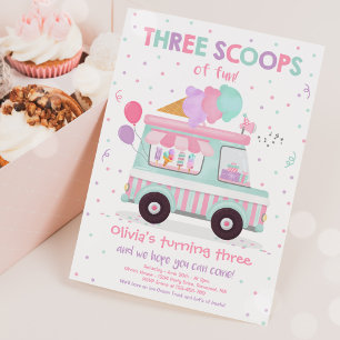 Ice Cream Truck Three Scoops Of Fun 3rd Birthday Invitation